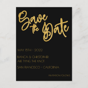 Black & Gold Glitter Wedding Save The Date Postcard