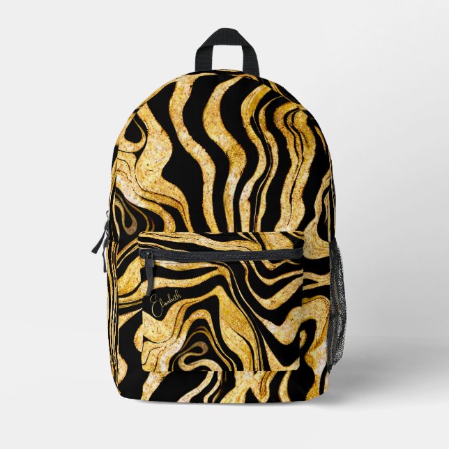  Black & Gold Glitter Zebra Add Your Name Abstract Printed Backpack (Front)
