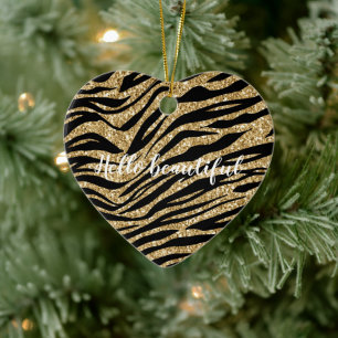 Black Gold Glitter Zebra Print Ceramic Ornament