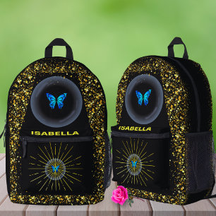 Black & Gold Glitters Back To School Butterfly   Printed Backpack