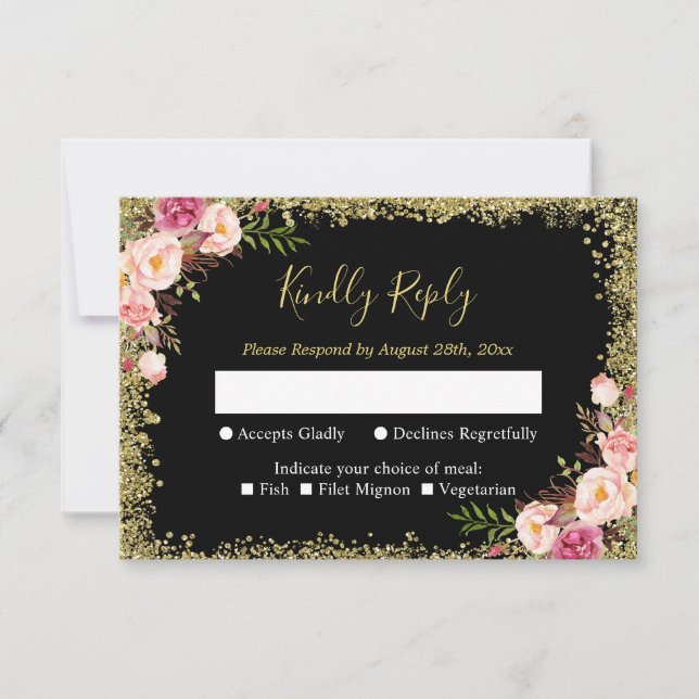 Black Gold Glitters Pink Floral Wedding RSVP Reply Card (Front)
