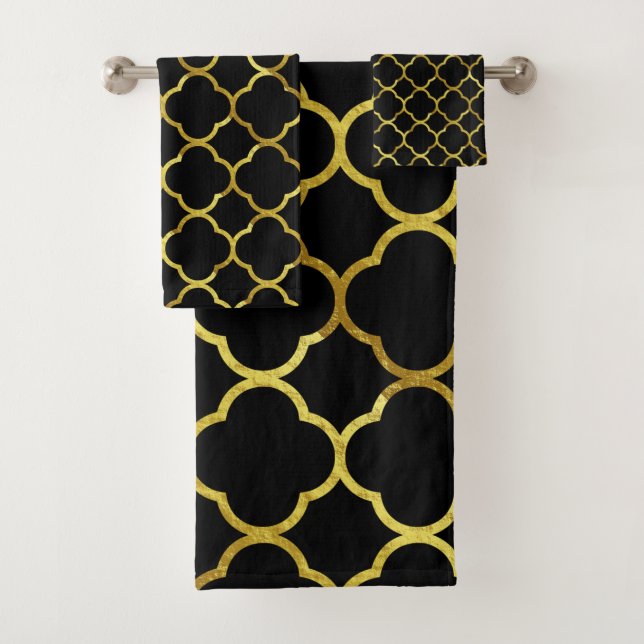 Black Gold Golden Quatrefoil Patterns Elegant Cool Bath Towel Set (Insitu)