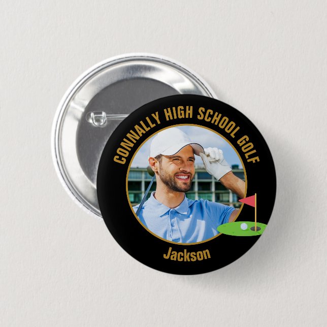 Black Gold Golfer Photo High School Golf Team 6 Cm Round Badge (Front & Back)