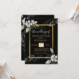 Black Gold gothic Dusty White flowers watercolor Invitation