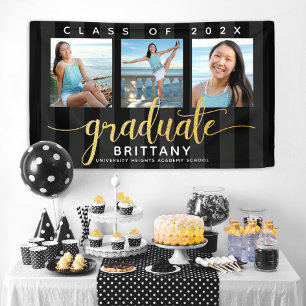 Black gold grad 3 photo modern glitter script chic banner