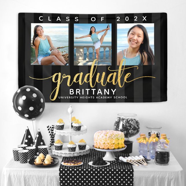 Black gold grad 3 photo modern glitter script chic banner (Creator Uploaded)