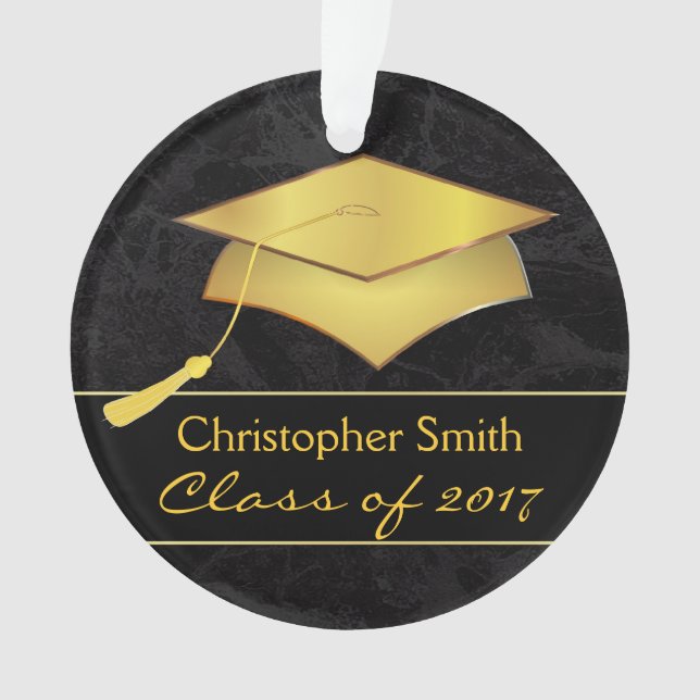 Black Gold Grad Cap - Graduation Photo Gift Ornament (Front)