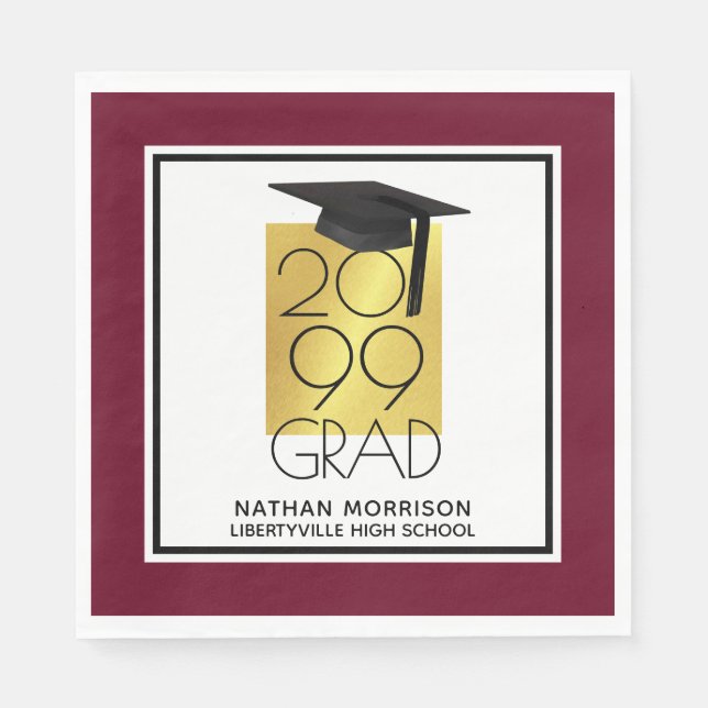 Black & Gold GRAD | Editable Maroon | Graduation Napkin (Front)