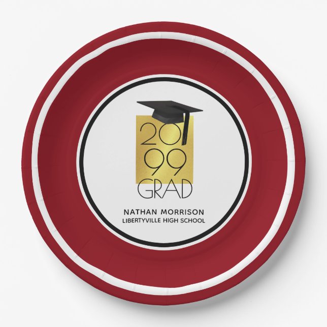 Black & Gold GRAD | Editable Red | Graduation Paper Plate (Front)
