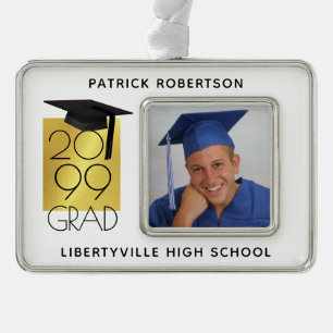 Black & Gold GRAD Graduation Photo Keepsake Silver Plated Framed Ornament