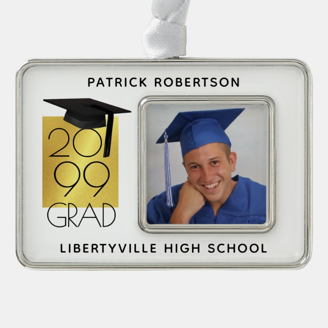 Black & Gold GRAD | Graduation Photo Keepsake Silver Plated Framed Ornament (Front)
