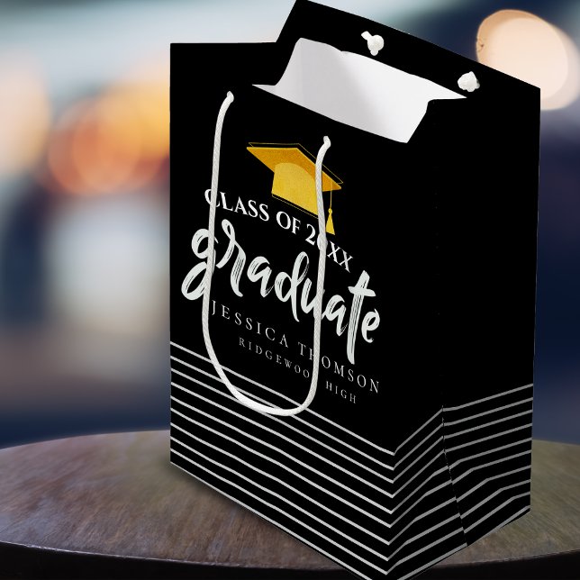 Black & Gold Grad Hat Graduation Party Favour Medium Gift Bag (Black & Gold Grad Hat Graduation Party Favor Medium Gift Bag)