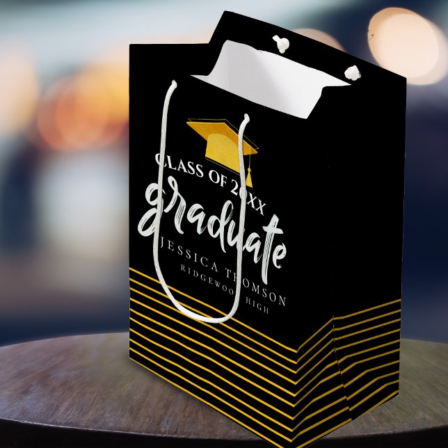 Black & Gold Grad Hat Graduation Party Favour Medium Gift Bag (Black & Gold Grad Hat Graduation Party Favor Medium Gift Bag)
