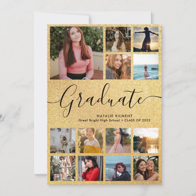 Black & Gold Graduate 13 Photo Collage Graduation Announcement (Front)