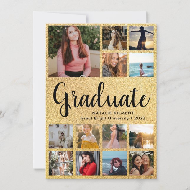 Black & Gold Graduate 13 Photo Collage Graduation Announcement (Front)