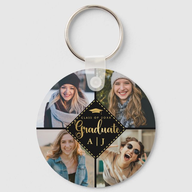 Black Gold Graduate Photo Collage Graduation  Key Ring (Front)