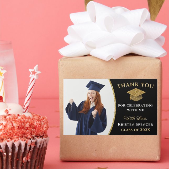 Black Gold Graduate Photo Graduation Thank You Rectangular Sticker (Party)
