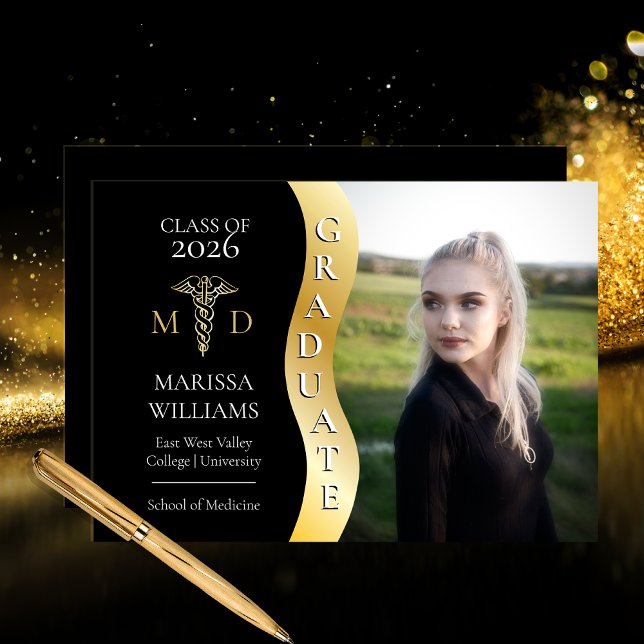 Black |Gold Graduate Wave Caduceus MD Medical Grad Announcement (Black and Gold Tone Graduate Wave Caduceus MD Medical Graduate Grad Announcement -- Print | Digital )