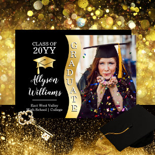 Black   Gold Graduate Wave Grad Cap Photo  Announcement