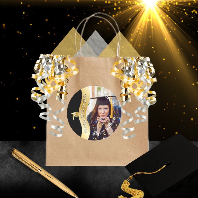 Black | Gold Graduate Wave Grad Cap Photo Classic Round Sticker (Creator Uploaded)