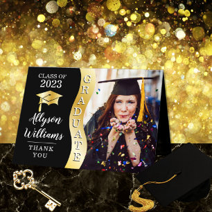 Black Gold Graduate Wave Grad Cap Photo Thank You Card