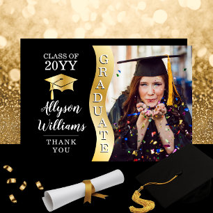 Black Gold Graduate Wave Grad Cap Photo Thank You Card