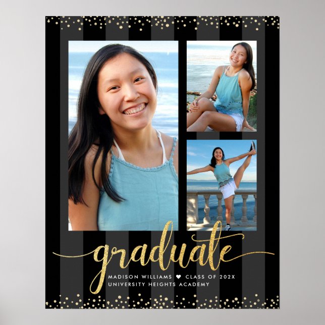 Black Gold Graduation 3 Photo Glitter Script Chic Poster (Front)
