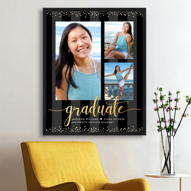 Black Gold Graduation 3 Photo Glitter Script Chic Poster (Creator Uploaded)