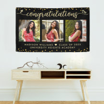 Black Gold Graduation 3 Photo Modern Script Hearts