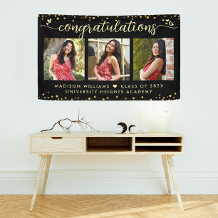 Black Gold Graduation 3 Photo Modern Script Hearts Banner