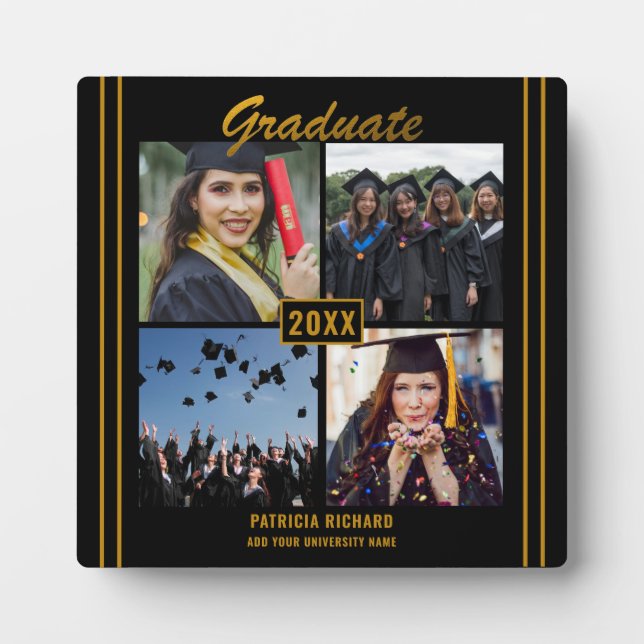 Black Gold Graduation 4 Photo Collage Keepsake Plaque (Front)