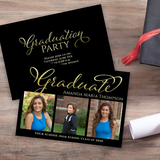 Black & Gold Graduation Announcement Photo Collage (Black and gold graduation photo collage announcement with bold modern typography.)