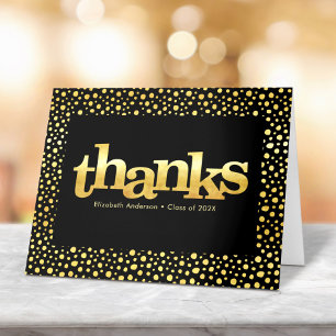 Black gold graduation bold typography confetti dot thank you card