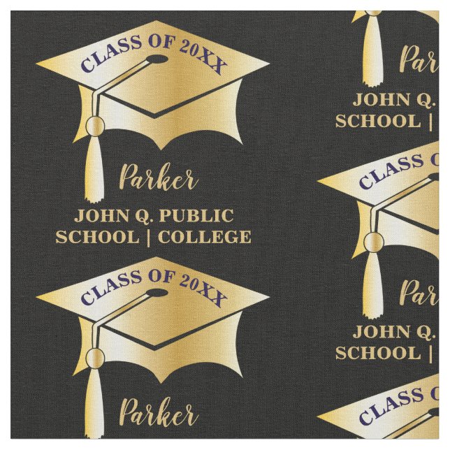 Black | Gold Graduation Cap Name Class Year School Fabric (Close Up)