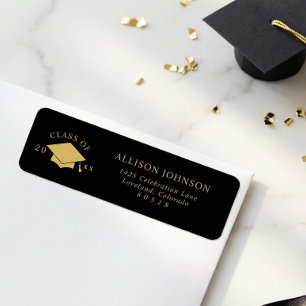 Black Gold Graduation Cap Return Address Label