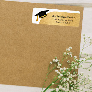 Black Gold Graduation Cap Return Address Label