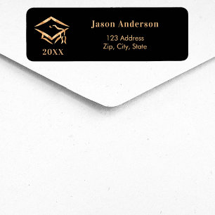 Black gold graduation cap return address label