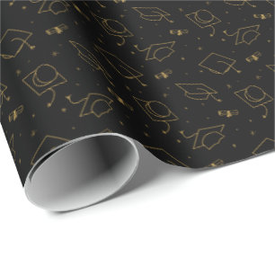 Black & Gold Graduation Cap Toss Wrapping Paper