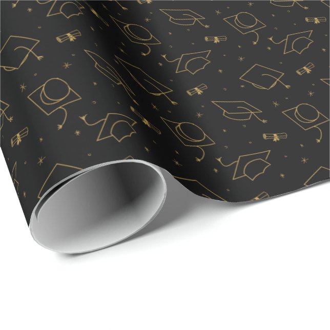 Black & Gold Graduation Cap Toss Wrapping Paper (Roll Corner)