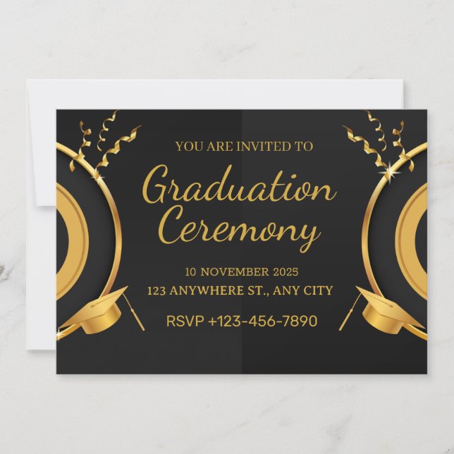 Black & gold graduation ceremony  card (Front)