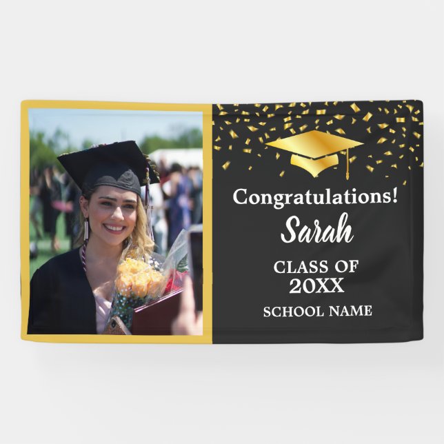 Black & Gold Graduation Custom Photo Class Of 2025 Banner (Horizontal)