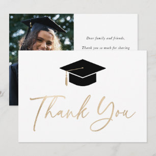Black Gold Graduation Hat Elegant Script Photo Thank You Card