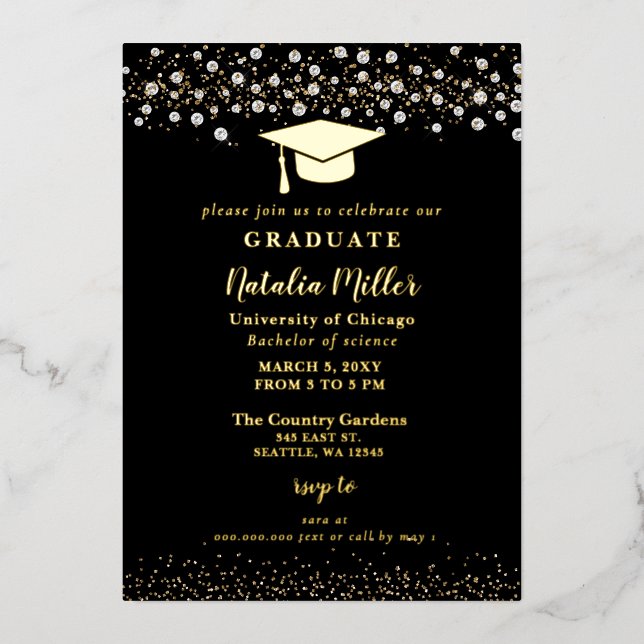 Black Gold Graduation Hat Graduation  Foil Invitat (Front)