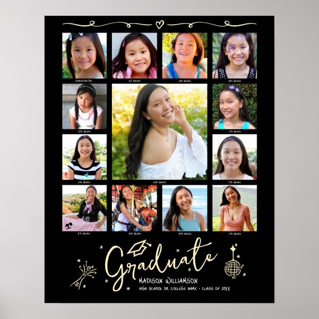 Black Gold Graduation K–12 Photo Collage Doodles Poster (Front)