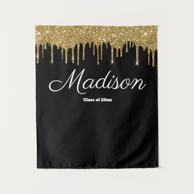 Black Gold Graduation Party Backdrop Class of 2025 Tapestry (Front)