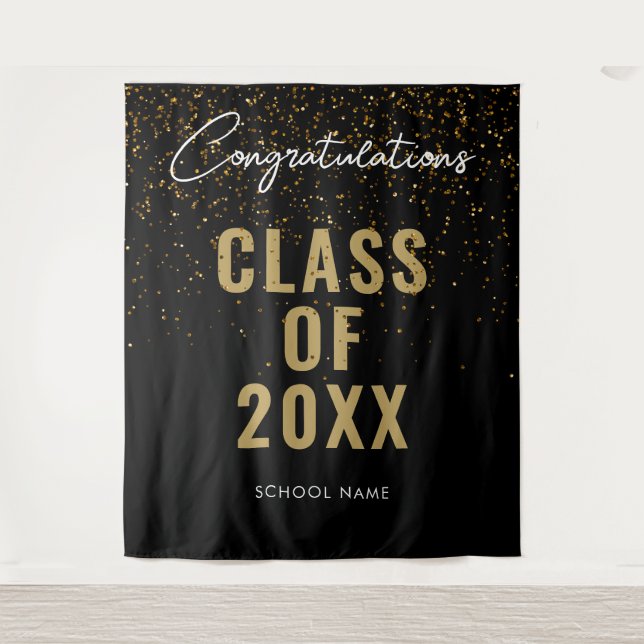 Black Gold Graduation Photo Booth Backdrop Tapestry (Front)