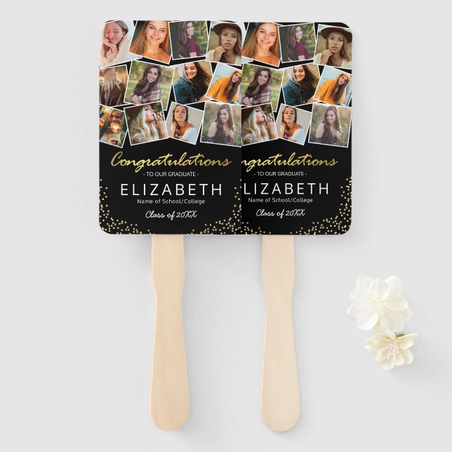 Black Gold Graduation Photo Hand Fan (Front and Back)