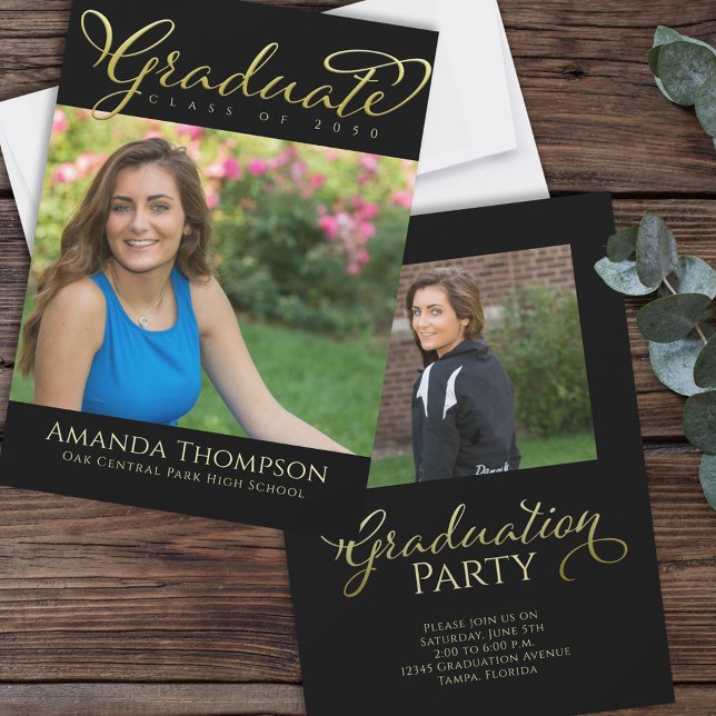 Black Gold Graduation Photo Party Card (Elegant black and gold graduation photo party card with modern typography for Class of 2026! )
