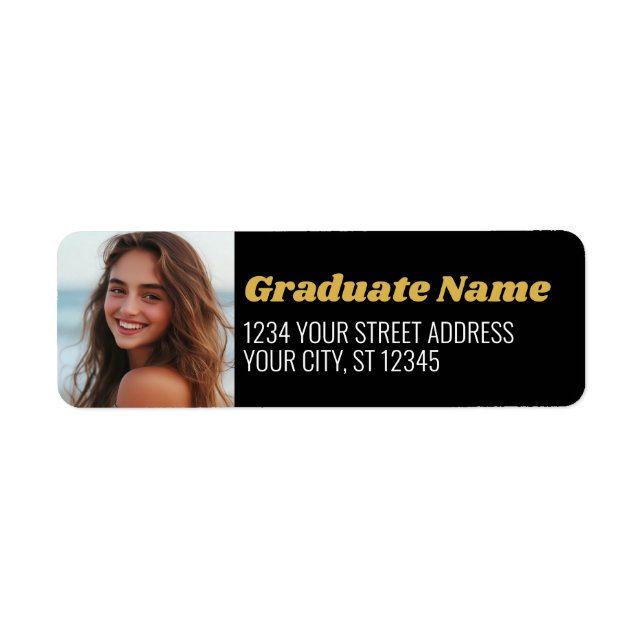 Black Gold Graduation Photo Return Address Return Address Label (Front)
