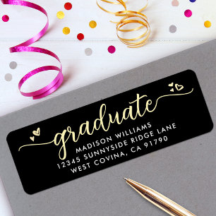 Black Gold Graduation Script Hearts Modern Address Return Address Label